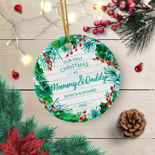 Ornamento De Cerâmica Nosso Primeiro Natal como Mamãe e Papai Coroa Rúst