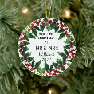 Ornamento De Cerâmica Nosso Primeiro Natal como MR & MRS Wreath Rustic