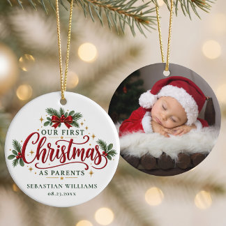 Ornamento De Cerâmica Nosso Primeiro Natal como Pais Foto Personalizada