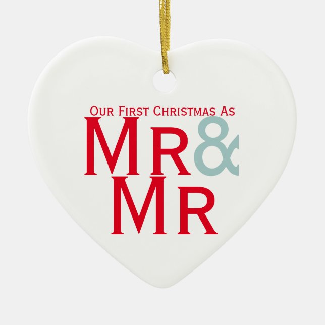 Ornamento De Cerâmica Nosso Primeiro Natal como Sr. e Sr. Gay Themed (Frente)