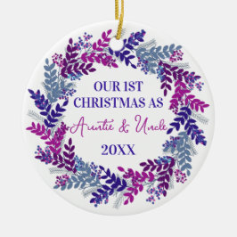Ornamento De Cerâmica Nosso primeiro Natal como tia e tio Purple Wreath