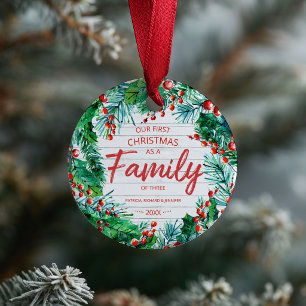 Ornamento De Cerâmica Nosso Primeiro Natal Como Uma Família De Três Rúst