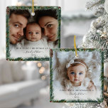 Ornamento De Cerâmica Nosso Primeiro Natal Como Uma Foto Da Família 2<br><div class="desc">Específico do cliente, Nosso Primeiro Natal como Família - 2 Foto, Russo, Cores d'água, Ornamento Cerâmico. Comemore o primeiro Natal do seu bebê com este elegante e personalizável ornamento cerâmico redondo. A design apresenta uma coroa encantadora e minimalista com um coelho doce com chapéu de Santa, pacotes de presentes, letra...</div>