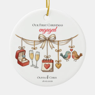 Ornamento De Cerâmica Nosso Primeiro Natal de Noivado Aves Data Anel Fof