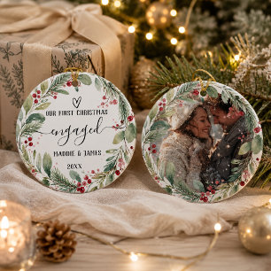 Ornamento De Cerâmica Nosso Primeiro Natal de Noivado Foto Casal Coroa