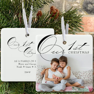 Ornamento De Cerâmica Nosso Primeiro Natal em Foto e Caligrafia Elegante