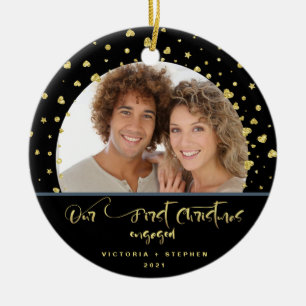 Ornamento De Cerâmica Nosso Primeiro Natal Engajados Foto Confete Dourad