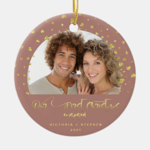 Ornamento De Cerâmica Nosso Primeiro Natal Engajados Foto Corações Doura