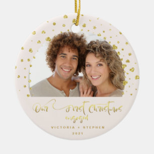 Ornamento De Cerâmica Nosso Primeiro Natal Engajados Foto Corações Doura