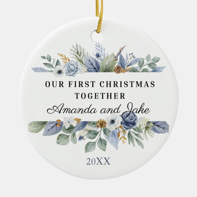 Ornamento De Cerâmica Nosso Primeiro Natal Juntos Aquarela Folhagem (Frente)