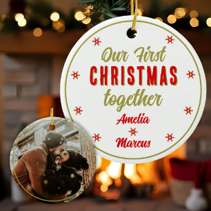 Ornamento De Cerâmica Nosso Primeiro Natal Juntos Com Flocos De Neve