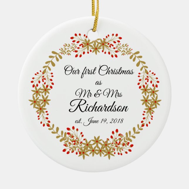 Ornamento De Cerâmica Nosso Primeiro Natal Juntos como Sr. & Sra. (Frente)