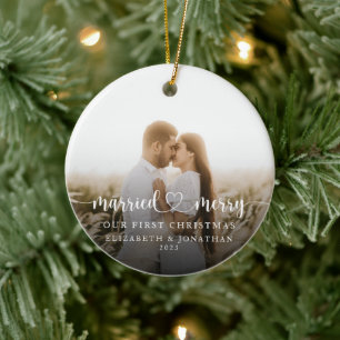 Ornamento De Cerâmica Nosso Primeiro Natal Juntos Foto de Recém-Casados