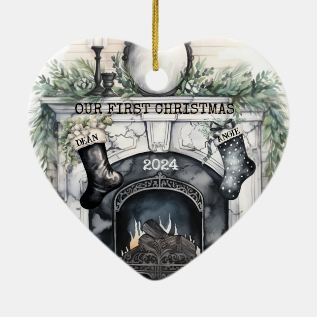 Ornamento De Cerâmica Nosso Primeiro Natal juntos Personalizado (Verso)