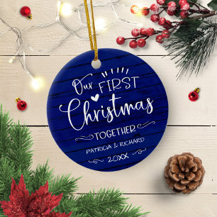 Ornamento De Cerâmica Nosso Primeiro Natal Juntos Rustic Farmhouse Azul