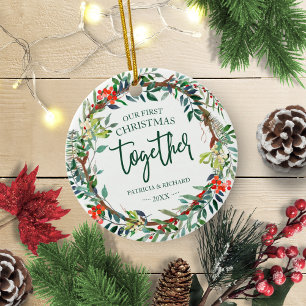 Ornamento De Cerâmica Nosso Primeiro Natal Juntos Rustic Wreath Cerâmica