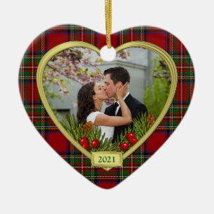 Ornamento De Cerâmica Nosso Primeiro Natal Juntos Tartan Fotografia Xmas