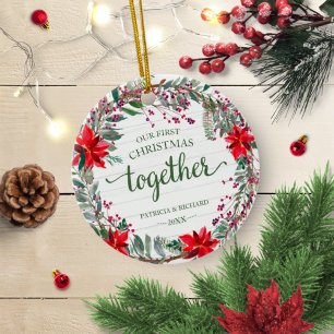 Ornamento De Cerâmica Nosso Primeiro Natal Juntos Trevo Rústico
