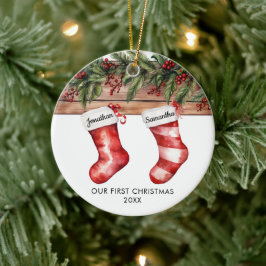 Ornamento De Cerâmica Nosso primeiro Natal meia casal fofo