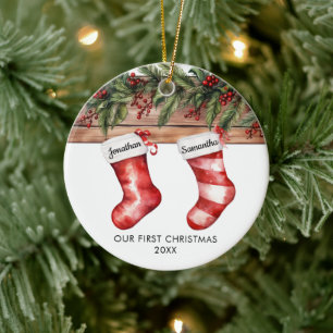 Ornamento De Cerâmica Nosso primeiro Natal meia casal fofo