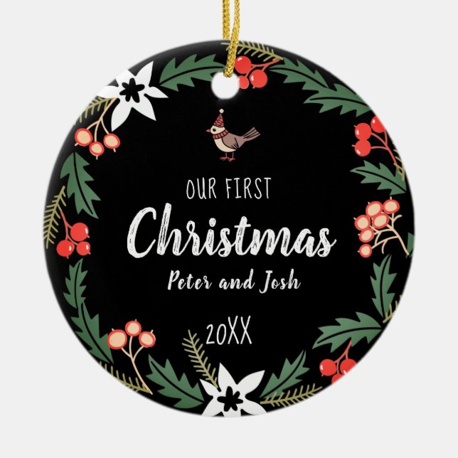 Ornamento De Cerâmica Nosso Primeiro Natal sem sexo (Frente)