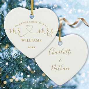 Ornamento De Cerâmica Nosso Primeiro Natal Sr Sra Gold Amor Script Coraç
