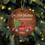 Ornamento De Cerâmica Nossos Avós de Natal, Wood Red Truck<br><div class="desc">Pincel Moderno Roda Nosso Primeiro Natal como Avós Watercolor Vintage Red Truck com Ornaeau de Natal - Impressão Rústico de Madeira do País</div>