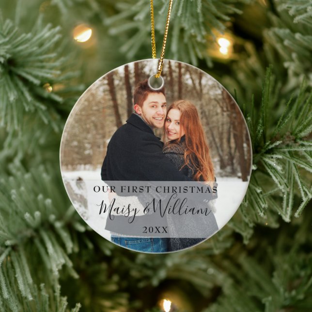 Ornamento De Cerâmica Nossos Primeiros Nomes e Fotos de Casais de Natal (Árvore)