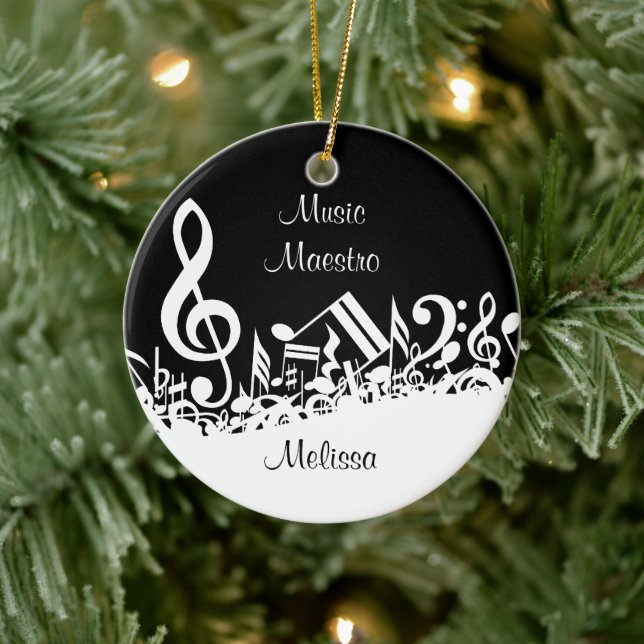 Ornamento De Cerâmica Notas Musicais Brancas Personalizadas em Preto (Árvore)