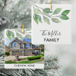 Ornamento De Cerâmica Nova Casa de Fotografias Personalizadas<br><div class="desc">Este novo ornamento caseiro personalizado é decorado com água-colorida verde e tipografia de na moda. Facilmente personalizável. com sua foto e seu nome. Faz um presente excelente de inauguração. Original Watercolor © Michele Davies.</div>
