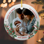 Ornamento De Cerâmica Nova Mãe e Pai 1rua Foto da Prata de Natal<br><div class="desc">Moldura prateada brilhante adorada com ornamento sagrado e pinheiro para mostrar sua própria memória especial. A brilhante e brilhante borda prateada circunda suas fotos memoriais. A fita sagrada, pinheira e seda completa toda a design com uma atmosfera alegre da época de férias. Coloque facilmente suas fotos memoráveis no lugar da...</div>