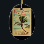Ornamento De Cerâmica Nova Viagens vintage de Palmeira de praia de Smyrn<br><div class="desc">Um impressão de arte da Flórida Nova Praia de Smyrna Beach,  do século médio único,  no estilo de poster viagens vintage. Ele apresenta uma palmeira curva na praia arenosa com oceano sob um céu azul nublado.</div>