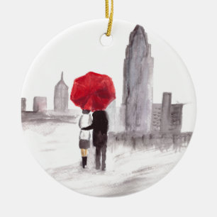 Ornamento De Cerâmica Nova York adora casal com guarda-chuva vermelha