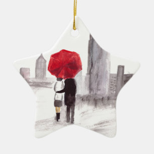 Ornamento De Cerâmica Nova York ama casal com guarda-chuva vermelha