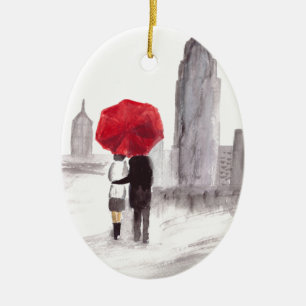 Ornamento De Cerâmica Nova York ama casal com guarda-chuva vermelha