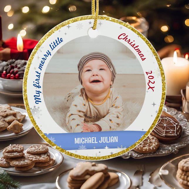 Ornamento De Cerâmica Novo Bebê 2 Fotos Minha Primeira Feliz Pequeno Nat (Elegant Modern Cute My first merry little Christmas Baby Boy 2 Photos Snowflakes Stars Golden Frame)