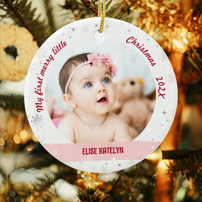 Ornamento De Cerâmica Novo Bebê 2 Fotos Minha Primeira Feliz Pequeno Nat (Modern Elegant Cute My First Merry Little Christmas Baby Personalized Name 2 Photos Snowflakes Stars)