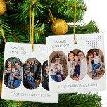 Ornamento De Cerâmica Novo Bebê Primeiro Natal 6 Fotos Qualquer Cor<br><div class="desc">Novo primeiro ornamento de fotos de natal de natal - ou você pode personalizar o texto como quiser. O design apresenta 6 fotos e cores totalmente editáveis para o plano de fundo, as letras e os pontos de deco. Suas fotos são exibidas no formato de retrato 16:9 e o modelo...</div>