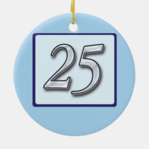 Ornamento De Cerâmica Número Prateado do Aniversário do 25 em Azul