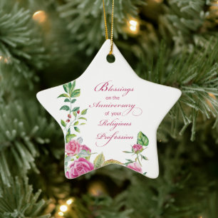 Ornamento De Cerâmica Nun Aniversário da Profissão Religiosa Rosas Rosa