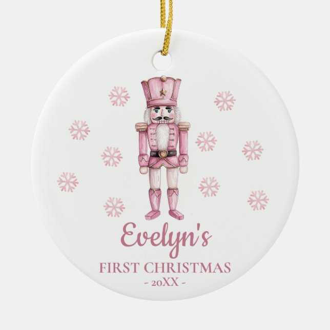 Ornamento De Cerâmica Nutcracker Personalized Girl's First Christmas (Frente)