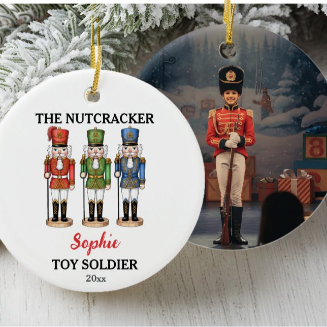 Ornamento De Cerâmica Nutcracker Toy Soldier Custom Name & Photo (Criador carregado)