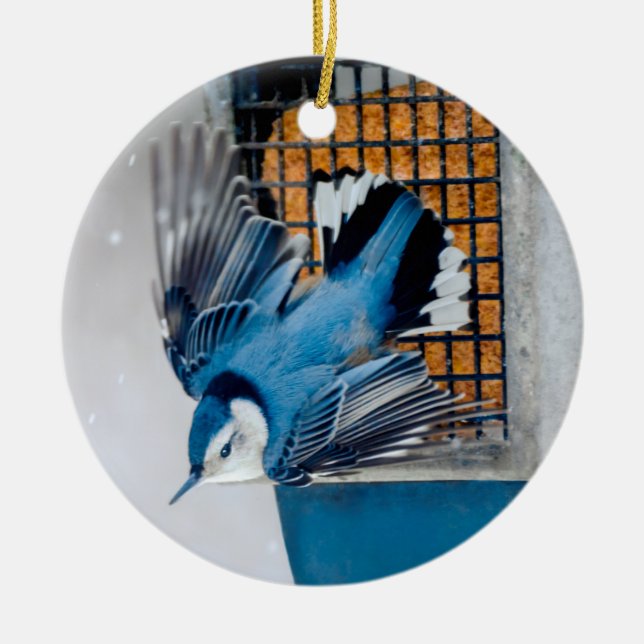 Ornamento De Cerâmica Nuthatch Branca em Neve - Foto original (Frente)