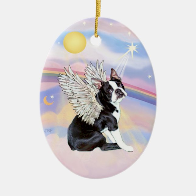 Ornamento De Cerâmica Nuvens - Anjo Boston Terrier (Frente)
