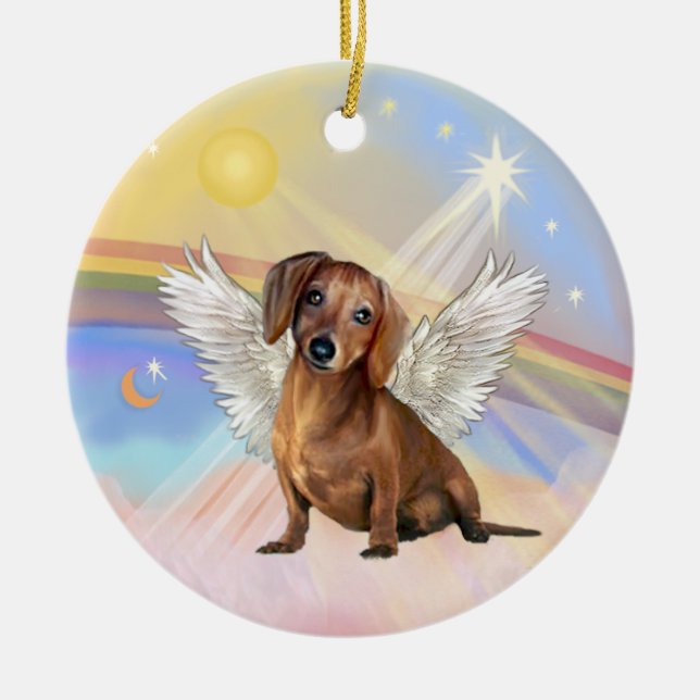 Ornamento De Cerâmica Nuvens - Anjo Dachshund (castanho / vermelho) (Frente)