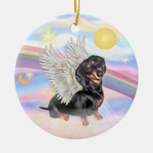 Ornamento De Cerâmica Nuvens - Anjo Dachshund (preto/tan)