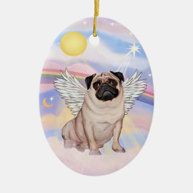 Ornamento De Cerâmica Nuvens - Pug Anjo (cor de cervo) (Frente)