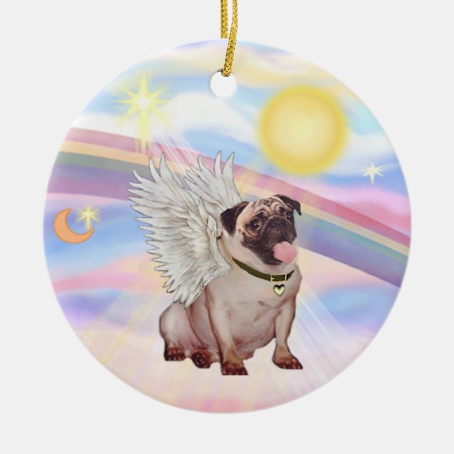 Ornamento De Cerâmica Nuvens - Pug Anjo (cor de cervo) (Frente)