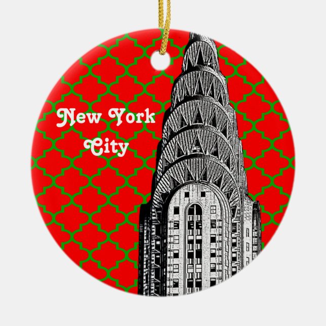 Ornamento De Cerâmica NYC Chrysler Building Dome Red Grn Quatrefoil Xmas (Frente)