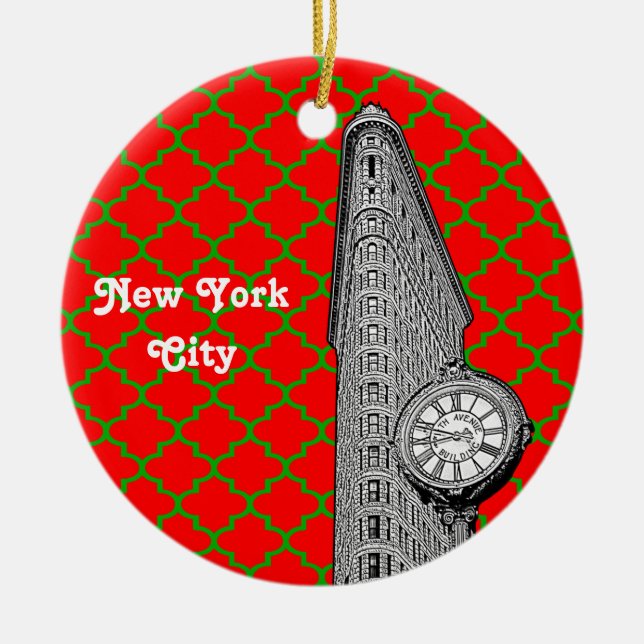 Ornamento De Cerâmica NYC Flatiron Building Red Grn Quatrefoil Xmas (Frente)
